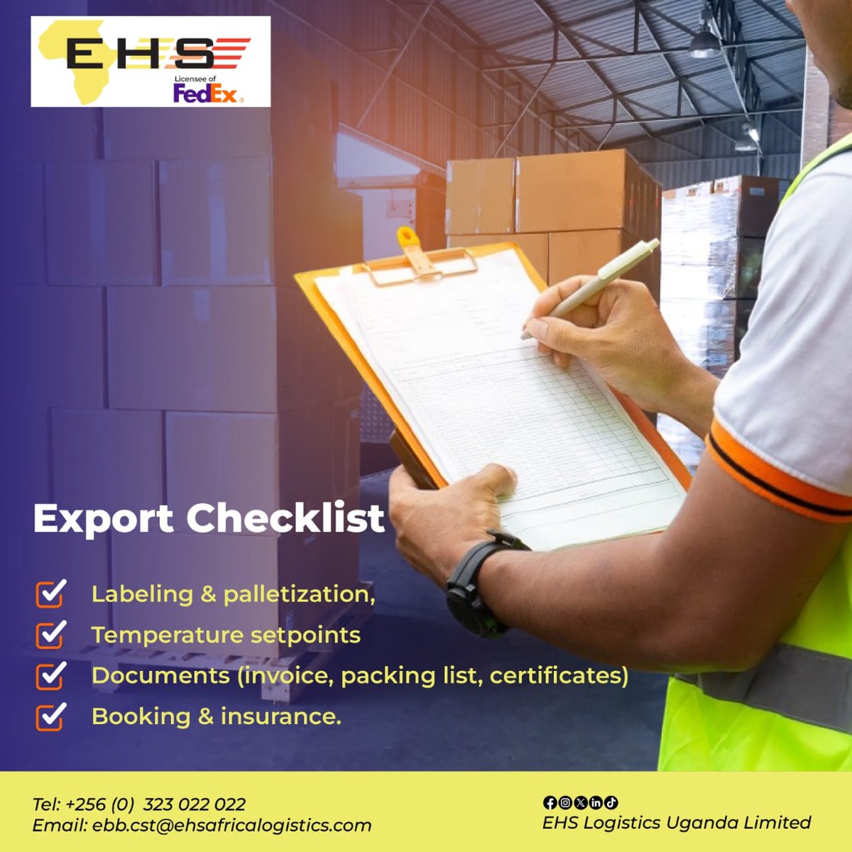 EHSlogisticsUG's tweet image. #Tip: Before your goods leave the country, the smallest oversight can turn into a costly delay. That’s why a proper export checklist is not optional, it’s essential.

#EHSLogistics #EHSUganda #Logistics #Export