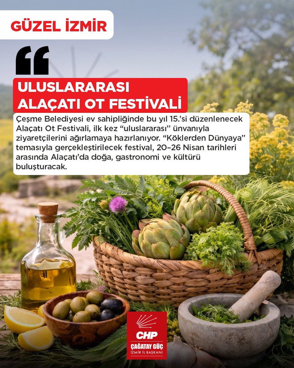 guzelizmirchp's tweet photo. Çeşme Belediyesi ev sahipliğinde bu yıl 15.’si düzenlenecek Alaçatı Ot Festivali, ilk kez “uluslararası” ünvanıyla ziyaretçilerini ağırlamaya hazırlanıyor. “Köklerden Dünyaya” temasıyla gerçekleştirilecek festival, 20–26 Nisan tarihleri arasında Alaçatı’da doğa, gastronomi ve kültürü buluşturacak.

#güzelizmir #chpizmir #çeşmebelediyesi #alaçatıotfestivali