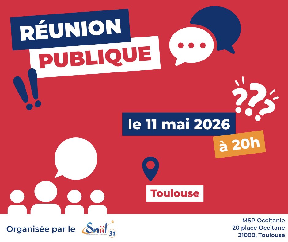 Sniil1's tweet image. [🗣️ Réunion publique]
Le Sniil 31 organise une réunion ouverte à tous !

🗓11 mai 2026
⏰20h
📍Toulouse, MSP Occitanie, 20 place Occitane

👉 Information &amp;amp; réservation : sniil.fr/agenda/

#evenement #hautegaronne #reunion