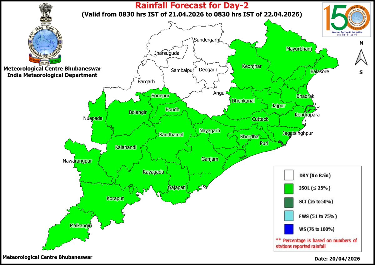 mcbbsr's tweet image. Rainfall Forecast for the State.
Day-1 to Day-7 : Isolated Light to Moderate Rainfall.
#rainfall #forecast #Odisha #odishaweather #WeatherUpdate