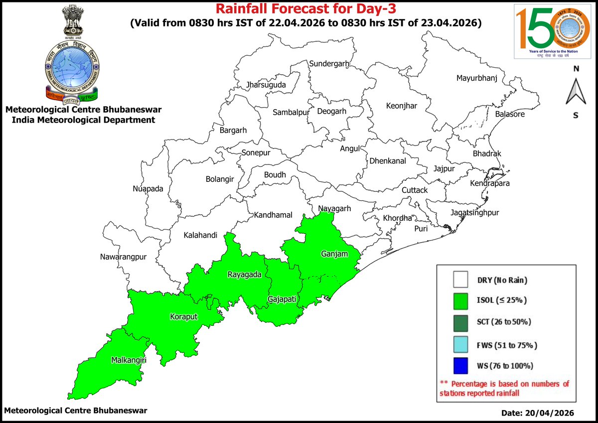 mcbbsr's tweet image. Rainfall Forecast for the State.
Day-1 to Day-7 : Isolated Light to Moderate Rainfall.
#rainfall #forecast #Odisha #odishaweather #WeatherUpdate