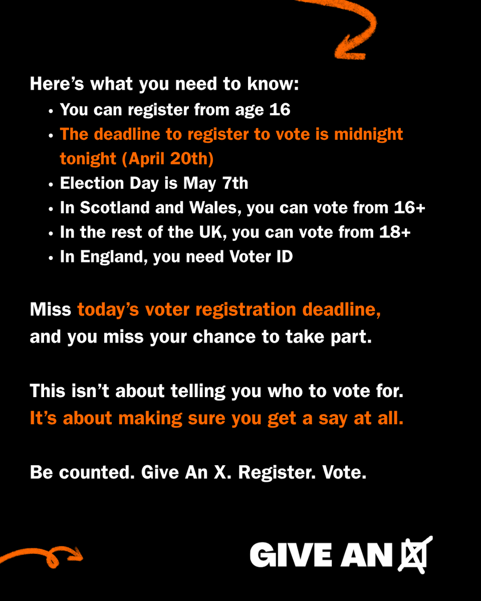 mylifemysay's tweet photo. Launched by My Life My Say as part of the Give An X Campaign, this is the final push before the deadline for the upcoming elections across the UK.

🗳️ If you’re eligible and not registered yet, this is your moment.

⏳ It takes 5 minutes. The deadline is TODAY.

Don’t sit this one out. Register to Vote. Click the link here: https://t.co/soBzCyRncU

#RegisterToVote #GiveAnX #NVRD