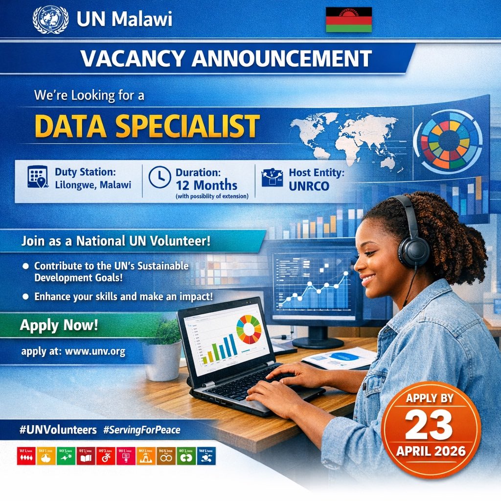 UNMalawi's tweet image. 📢 Vacancy Announcement UN Malawi is looking for a Data Specialist (National UN Volunteer) to be based in Lilongwe with the UN Resident Coordinator’s Office.
⏳ Duration: 12 months (with possible extension) 👉 Apply here: app.unv.org/opportunities/…
#UNV #UNMalawi #Vacancy