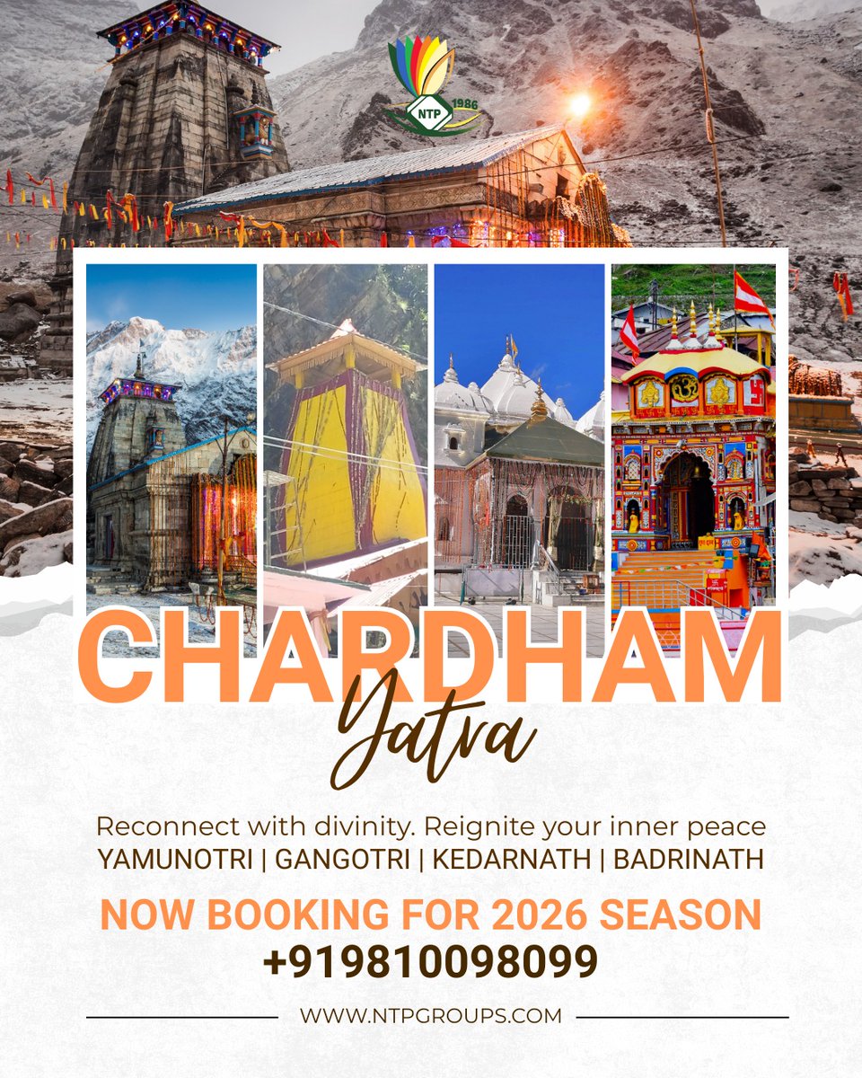 ntpgroups's tweet photo. 🙏 Chardham Yatra 2026
---
📞 Call for Details: +91 98100 98099
📧 Email: sales@ntpgroups.com
🌐 Visit: https://t.co/5Won2qxtcT
.
.
#ChardhamYatra #Chardham2026 #KedarnathYatra #BadrinathYatra #Gangotri #Yamunotri #UttarakhandTourism #NTPGroups https://t.co/JX5Mlfikac