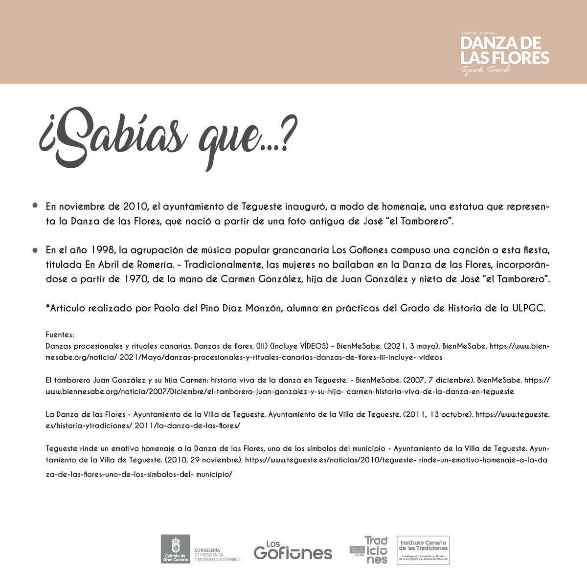 El municipio tinerfeño de Tegueste guarda en su interior un rico patrimonio cultural, hoy nos detendremos en la Danza de las Flores.
#ictradiciones #islascanarias #danzadelasflores #presidenciadelcabildodegrancanaria <a href="/LosGofiones/">Los Gofiones</a>  <a href="/GranCanariaCab/">Cabildo Gran Canaria</a> @AyuntamientoTegueste