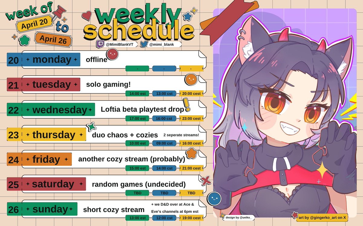mimi_blank's tweet photo. another week of (somewhat) scheduled streams~
come hang out 🫶
ฅ^•ﻌ•^ฅ

https://t.co/gufPydPsGo #twitchstreamer #vtuber #twitch https://t.co/56qBEtBXjX
