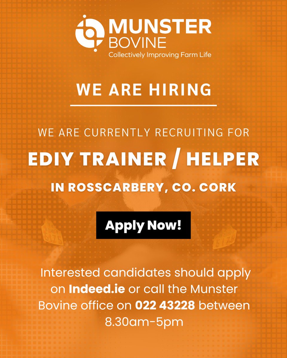 MunsterBovine's tweet image. We are currently seeking individuals for the role of Milk Recording EDIY Trainer / Helper in Rosscarbery area 🙌

Interested candidates should contact Munster Bovine 022 43228 (8.30am to 5pm Monday to Friday) or apply on Indeed.

#jobfairy