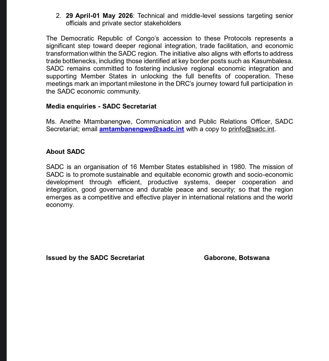 SADC_News's tweet image. Advancing integration in the region!
SADC to convene High-Level Meetings in Kinshasa to support the DRC’s accession to key protocols on Trade, Transport &amp;amp; Services (27 Apr–1 May 2026).
Driving trade, growth &amp;amp; regional cooperation. @AngeleMakombo 
#SADC #DRC #Trade