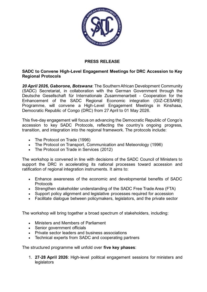 SADC_News's tweet image. Advancing integration in the region!
SADC to convene High-Level Meetings in Kinshasa to support the DRC’s accession to key protocols on Trade, Transport &amp;amp; Services (27 Apr–1 May 2026).
Driving trade, growth &amp;amp; regional cooperation. @AngeleMakombo 
#SADC #DRC #Trade
