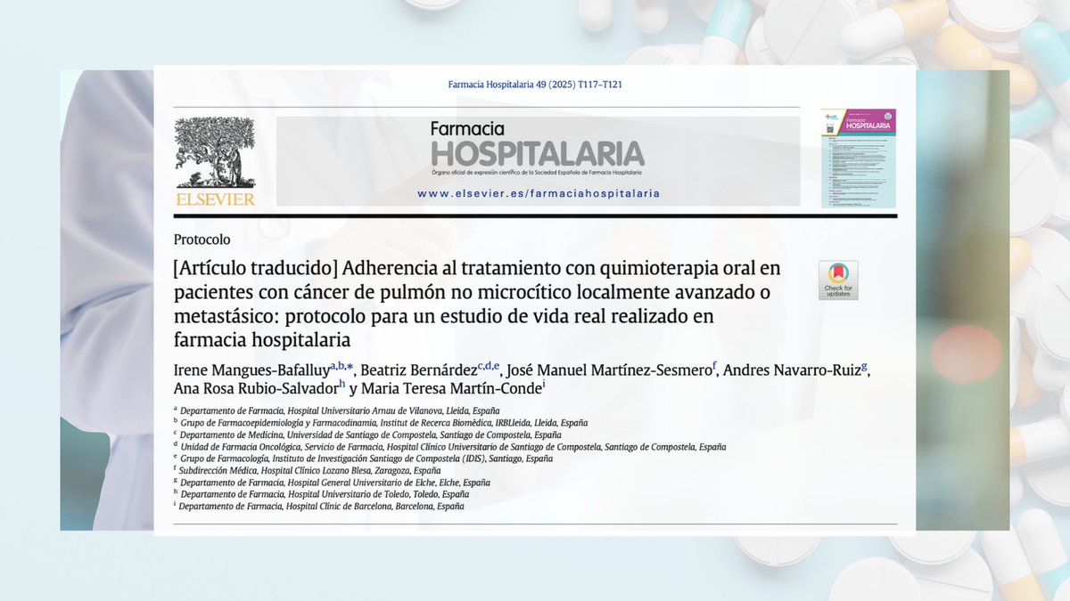 farm_hosp's tweet photo. Adherencia al tratamiento con quimioterapia oral en cáncer de pulmón 

• Multicéntrico: Morisky, Datos sociodemográficos, clínicos...
• Búsqueda de factores que influyan en la adherencia

@gedefo_sefh @adhefarsefh
#RevistaFarmaciaHospitalaria 

🔗 https://t.co/Cz3AL5GiZP https://t.co/WMH4DCC8T1