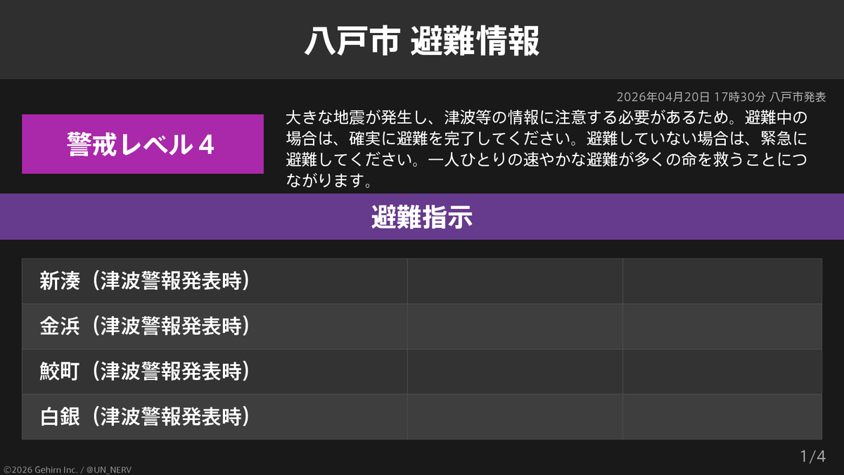 UN_NERV's tweet photo. 【青森県八戸市 避難指示】
青森県八戸市に避難指示が発令されています。
発令理由: 大きな地震が発生し、津波等の情報に注意する必要があるため。 https://t.co/GVsHBfc40T