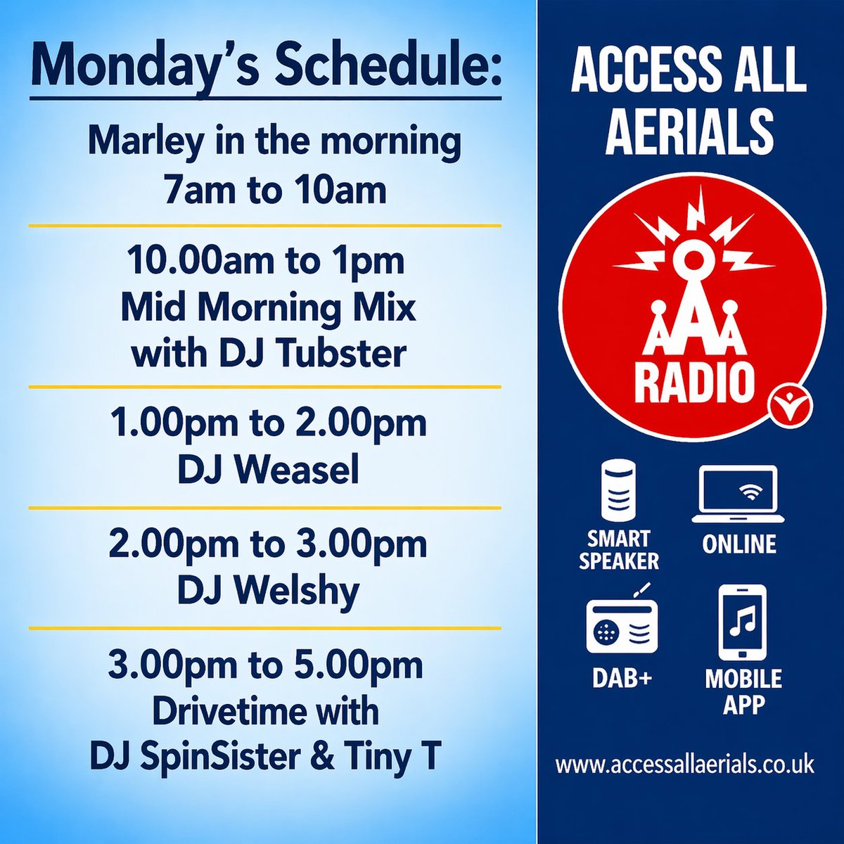 aaaonair's tweet image. 🎧 𝗛𝗮𝗽𝗽𝘆 𝗠𝗼𝗻𝗱𝗮𝘆 🎶

On air this morning and afternoon with music, chat and more.

Listen on DAB+, Smart Speaker, Online or Mobile App.
#MondayMotivation #MusicMonday #Exeter
#MondayVibes #RadioShow 
#NowPlaying #MorningShow 
#DriveTime #AfternoonShow