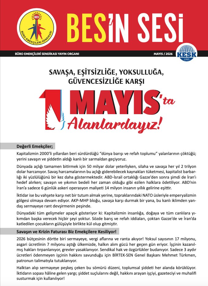 BES_Gnl_Mrk's tweet photo. 📢 Savaşa, eşitsizliğe, yoksulluğa, güvencesizliğe karşı 1 Mayıs'ta alanlardayız!

Eşitliğin, özgürlüğü, demokrasinin, barışın ve laikliğin hakim olduğu bir ülke için... Yaşasın #1Mayıs

👉 https://t.co/QpnttTS7OJ

#1Mayıs2026