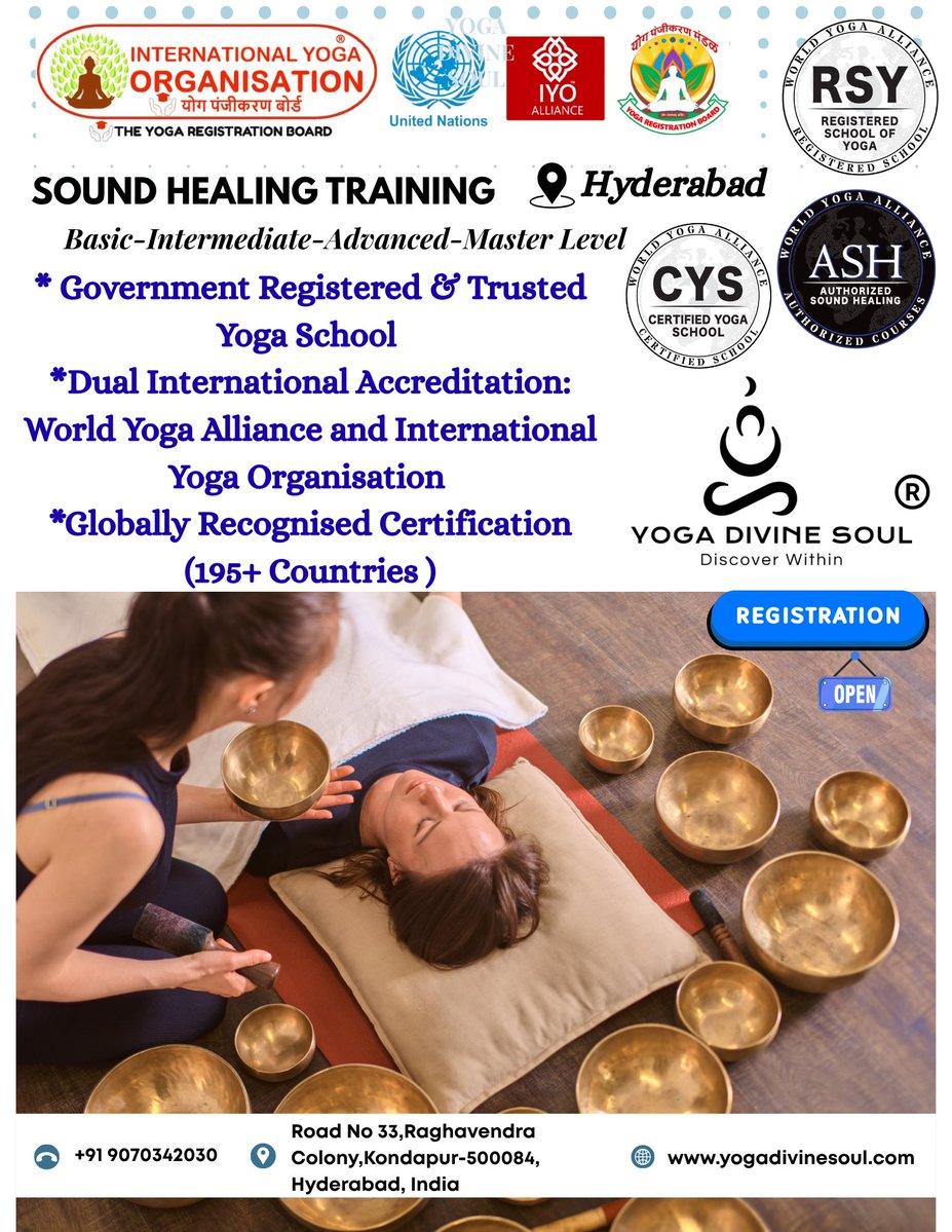 PRANAVK38187983's tweet image. Sound Healing Training @ Hyderabad 
Why #YogaDivineSoul ?
Government Registered &amp;amp; Trusted Yoga School 
Dual International Accreditation: World Yoga Alliance and International Yoga Organisation 
Globally Recognised Certification (195+ countries )
👉Registration now open 
#ttc
