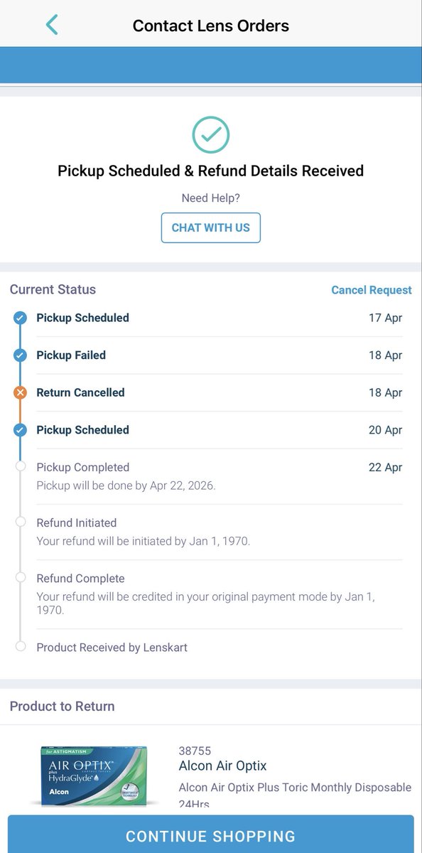 openclmb's tweet photo. @Lenskart_com has the worst customer service. App says refund will be issued by Jan 1 1970! What? Everyday customer care calls has no idea about the issue, asks for 24 hrs for an update. Courier partner refuses to accept open-box return. Expecting a resolution not just callbacks https://t.co/CqFJm7Ybr9