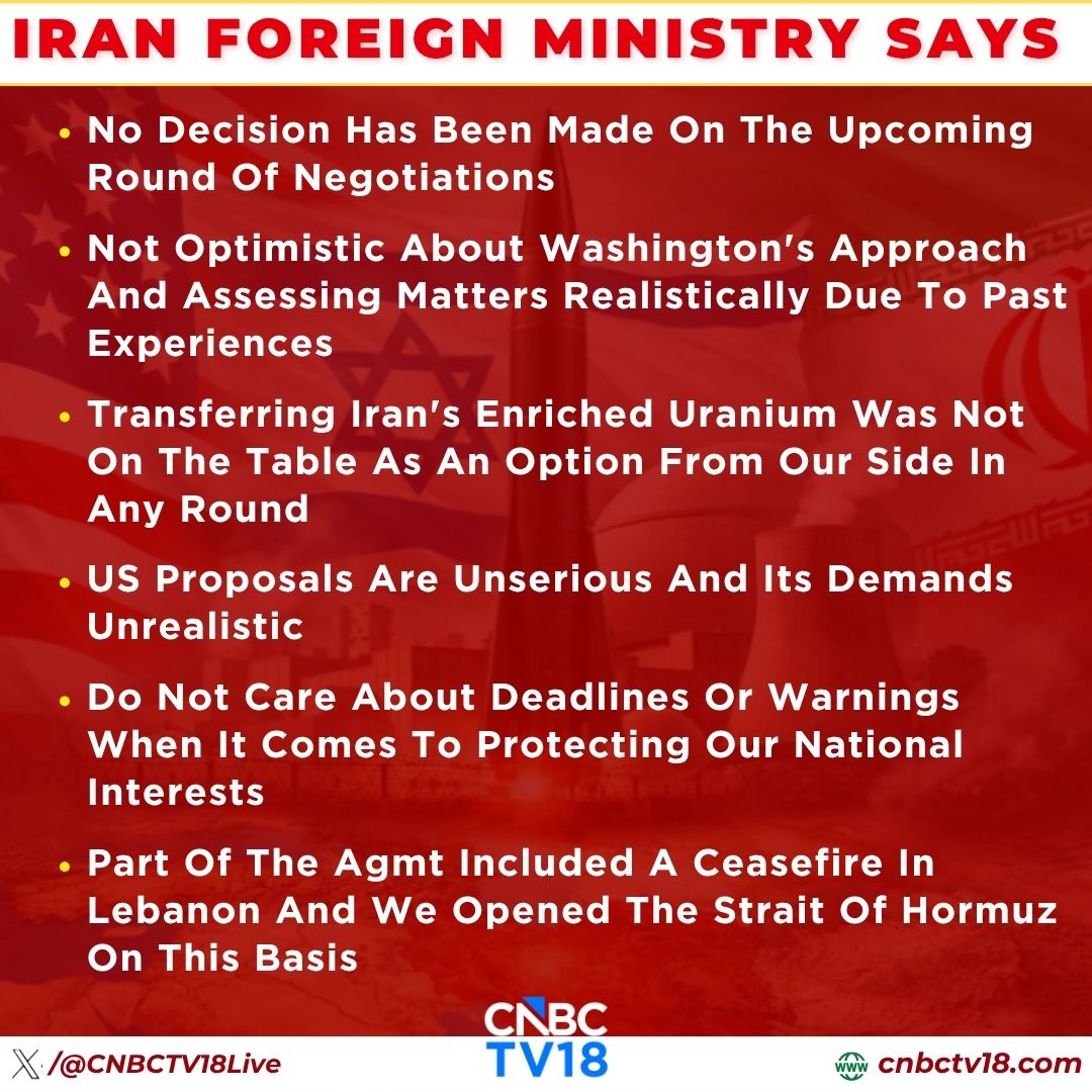 CNBCTV18Live's tweet image. #USIranWar | #Iran Foreign Ministry Says:

🔴No decision has been made on upcoming round of negotiations. #US proposals are unserious and its demands unrealistic

🔴Part of the agmt included a #ceasefire in #Lebanon &amp;amp; we opened the #StraitOfHormuz on this basis

🔴Do not care