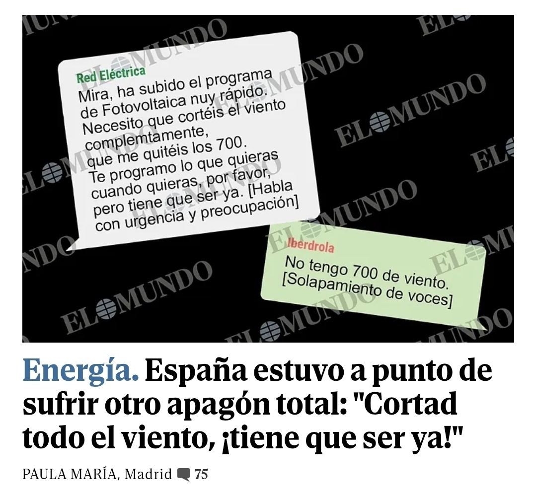 EL GRAN APAGÓN BIS

😱😱 España estuvo a punto de sufrir otro apagón total: "Cortad todo el viento, ¡tiene que ser ya!".

 Red Eléctrica activó una maniobra desesperada meses antes del cero, para evitar el disparo de la interconexión con Francia, algo que habría tumbado todo el