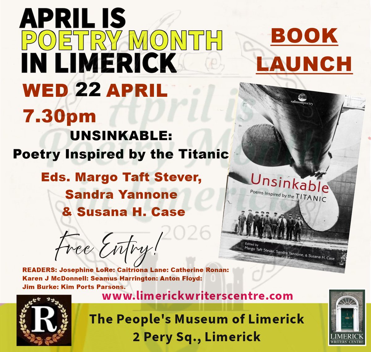LimerickWriters's tweet photo. Check out 'Anthology Launch: Unsinkable – Poems Inspired by the Titanic' on Limerickwriters website https://t.co/DcBDb3SEXW 
@poetryireland @LimerickArts @salmon_poetry @TitanicBelfast @TitanicCobh @HURLINGDAYS @limerickwriters https://t.co/dcileKaoGq