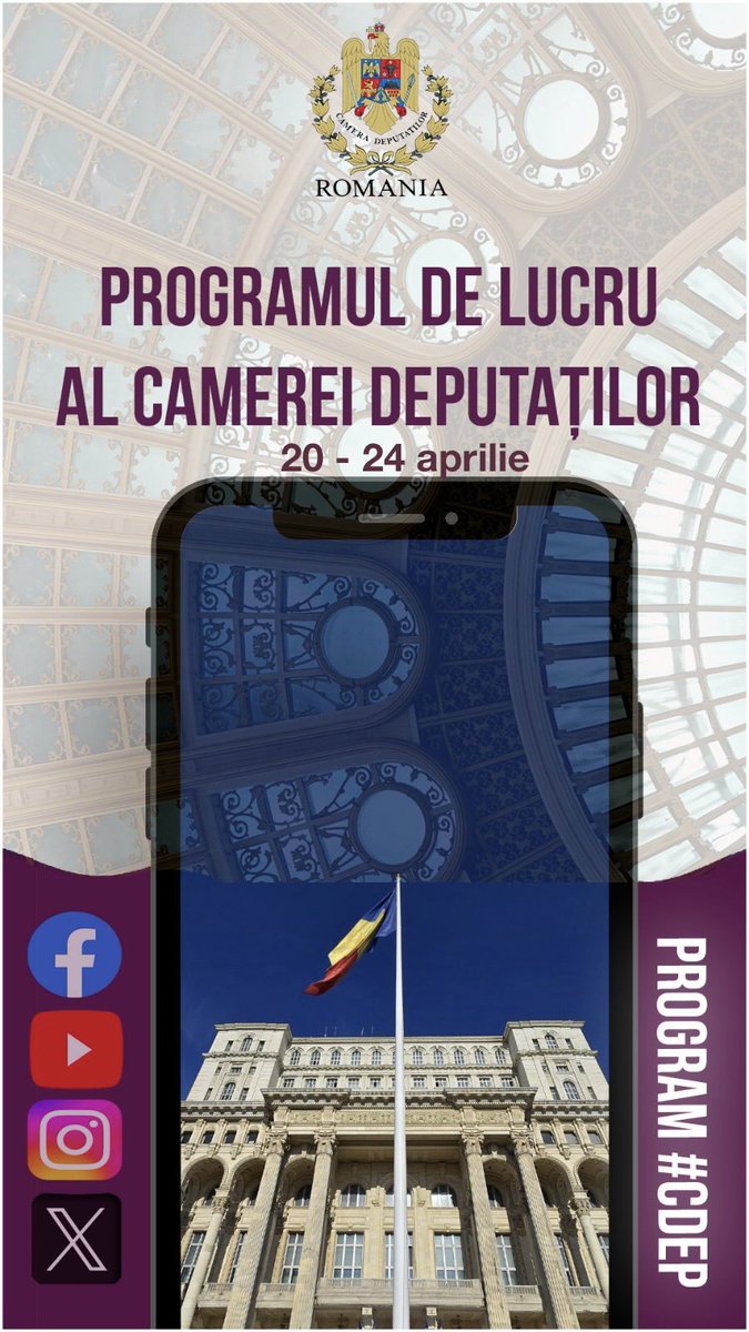 cdep_ro's tweet image. 🗓️ Programul de lucru al Camerei Deputaților
în perioada 20–24 aprilie

#CameraDeputatilor #program #Parlament