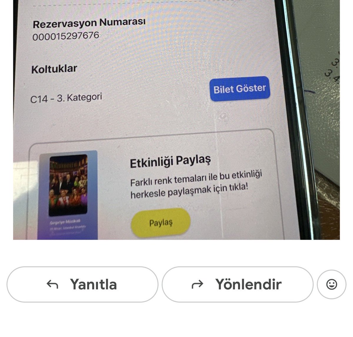 BoraBette's tweet photo. @biletinial Girgiriye müzikaline 15 Nisan akşamı için bilet aldık salonda biletteki  oturma yeri yoktu o akşam defalarca aradık ve kimse telefona çıkmadı ayakta kaldık .salon çok büyük ve çok ciddi yankı vardı konuşulan hiç bir şeyi anlamadık ve çıkmak zorunda kaldık cevap lütfen https://t.co/UiWnatvj9V