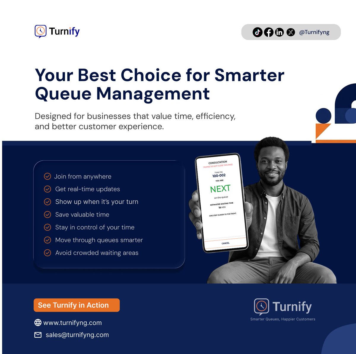 Turnifyng's tweet image. Queues are outdated.

Join from anywhere.
Get real-time updates.
Show up when it’s your turn.
#Turnify #QueueManagement #TechInNigeria #CustomerExperience #NoMoreWaiting