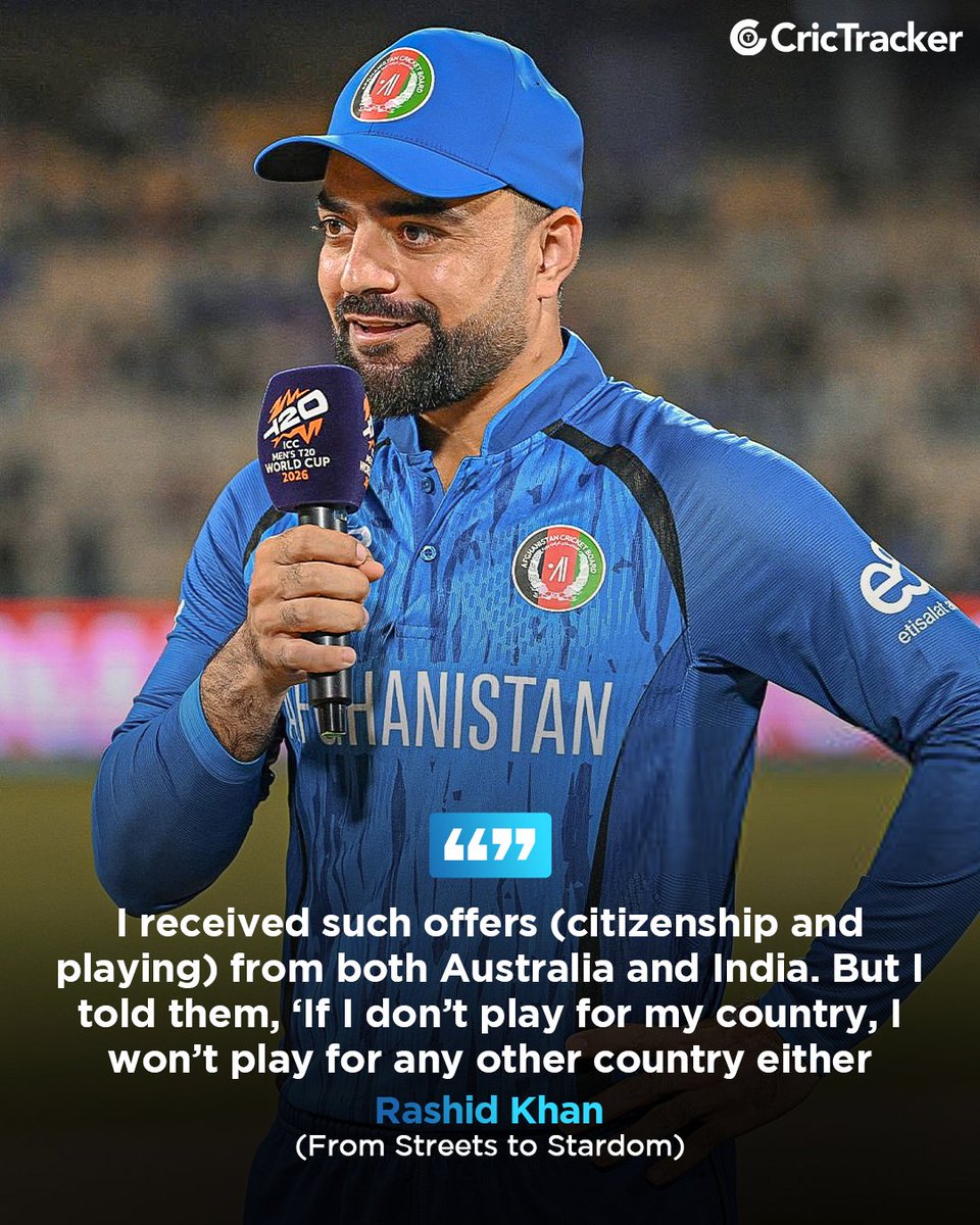 Cricketracker's tweet image. Afghanistan's Rashid Khan has revealed that he was approached by two countries, including India, with offers of citizenship and a chance to represent them, but he declined and chose to remain loyal to his homeland.

#RashidKhan #India #Cricket #Afghanistan