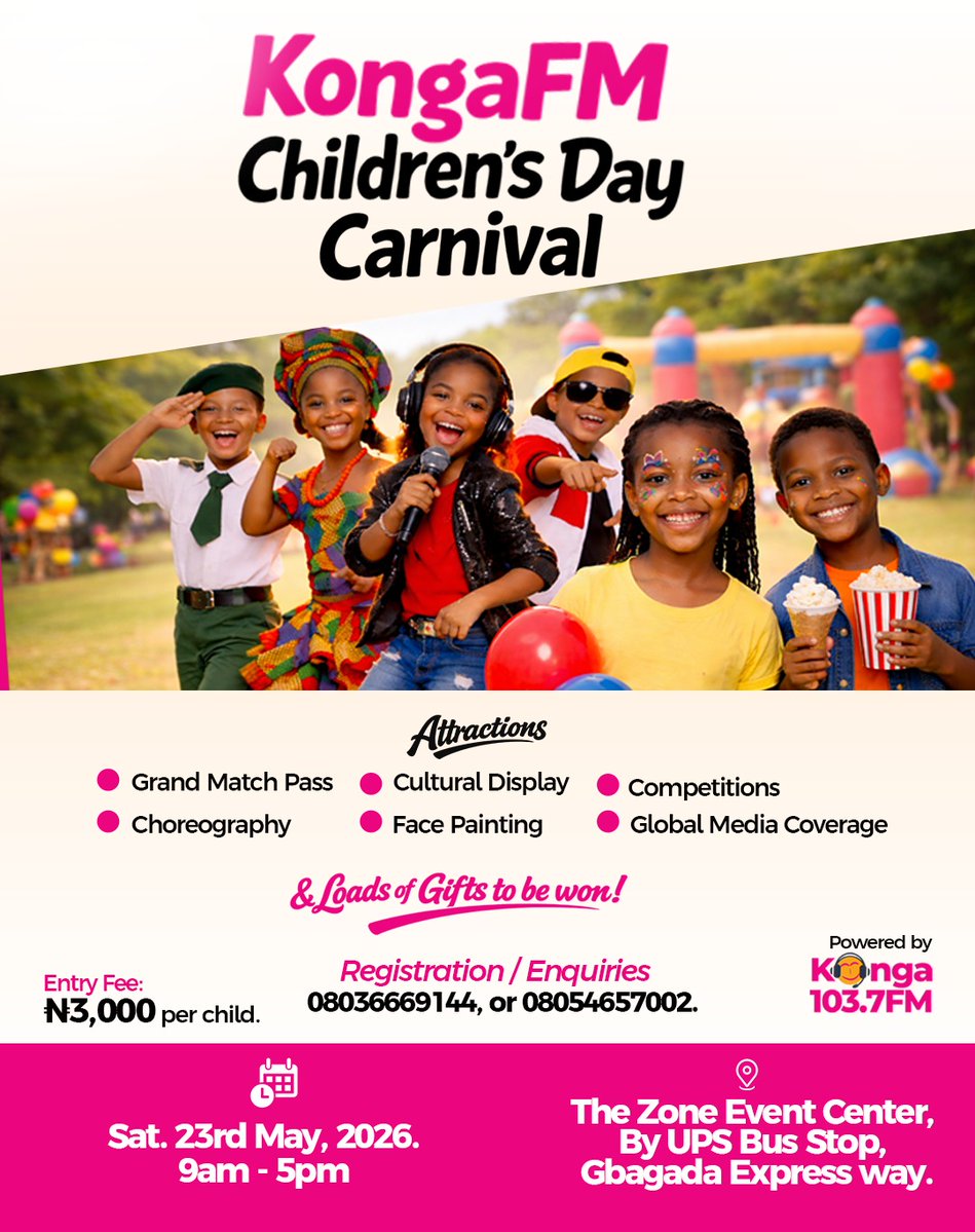 The countdown starts NOW!

This Children’s Day, we’re bringing the biggest smiles, loudest laughter, and unforgettable moments to life at the KongaFM Children’s Day Carnival!

#KongaFM 
#KongaTV
#ChildrensDay2026 
#FunForKids 
#FamilyTime