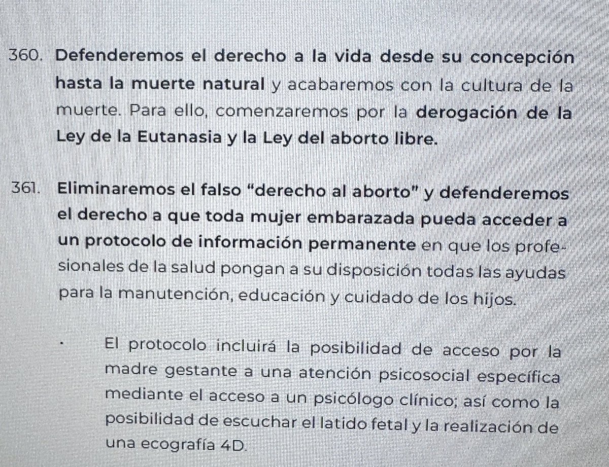 Programa electoral de vox, puntos 360 y 361, abolir la ley del aborto y el derecho a la eutanasia, ahora vas y les votas.