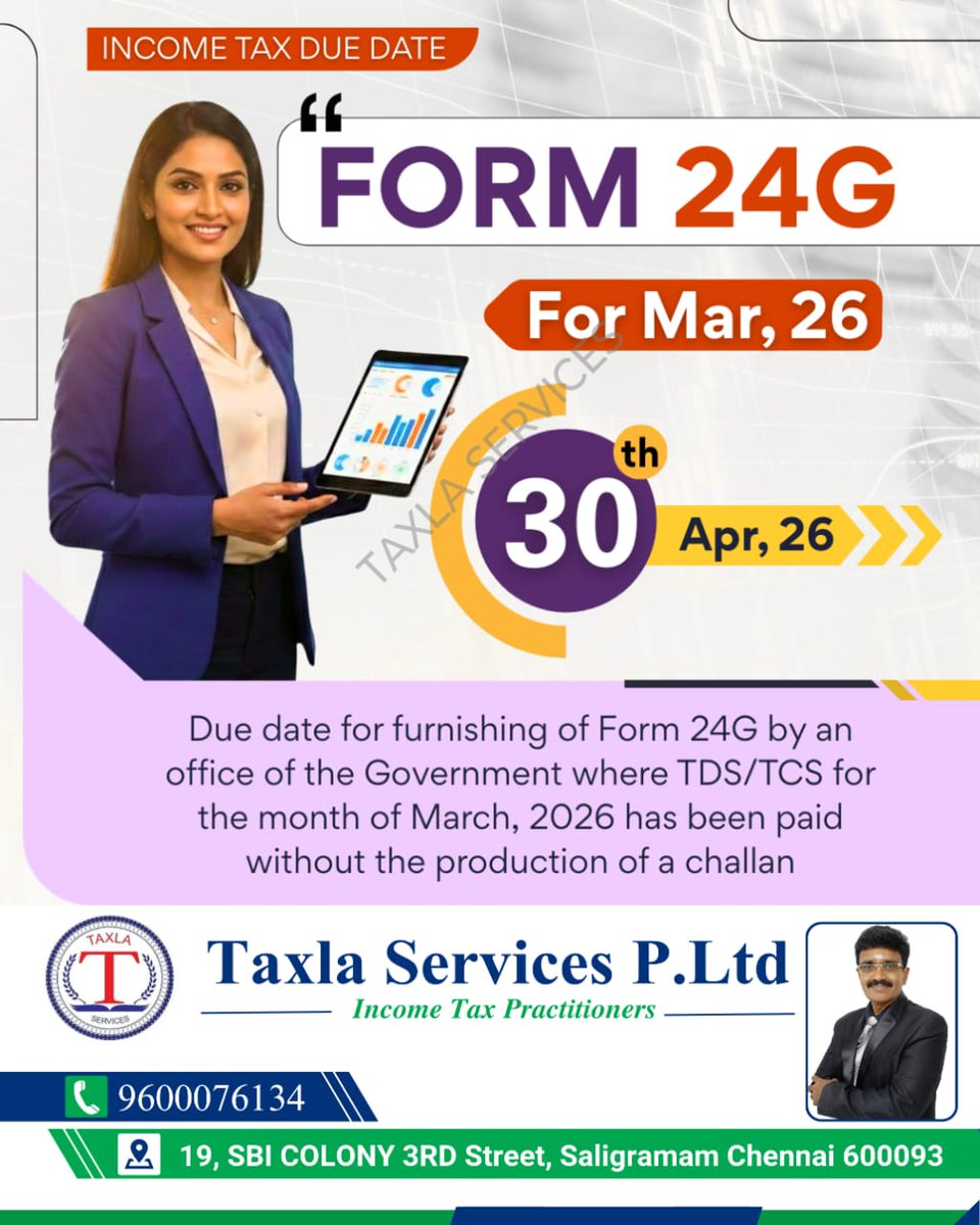 SivaAudit's tweet image. 📢 Income Tax Due Date Alert – Form 24G

📞 Contact us today: +91 7305701454
📧 Email: auditsiva2@gmail.com
🌐 Website: taxlaservices.com

#IncomeTax #Form24G #TDS #TaxCompliance #DueDateAlert #FinanceUpdate #TaxlaServices #BestAuditorInTamilnadu