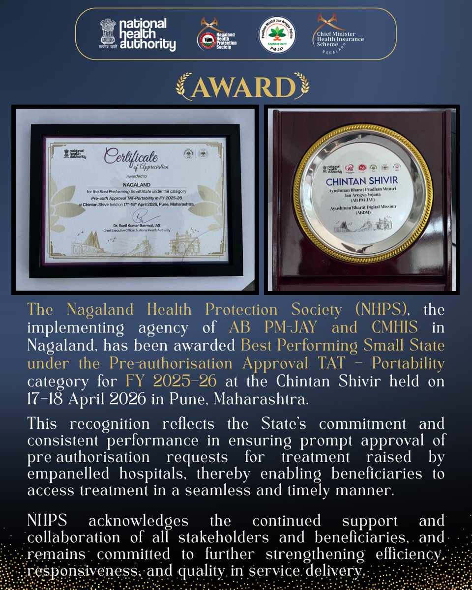 NHPSNagaland's tweet photo. We’re proud to share that the Nagaland Health Protection Society (NHPS), has been awarded Best Performing Small State under the Pre-authorization Approval TAT – Portability category for FY 2025–26 under AB PM-JAY at the Chintan Shivir (17–18 April 2026, Pune). Onwards to more! https://t.co/RARy8GUbUf