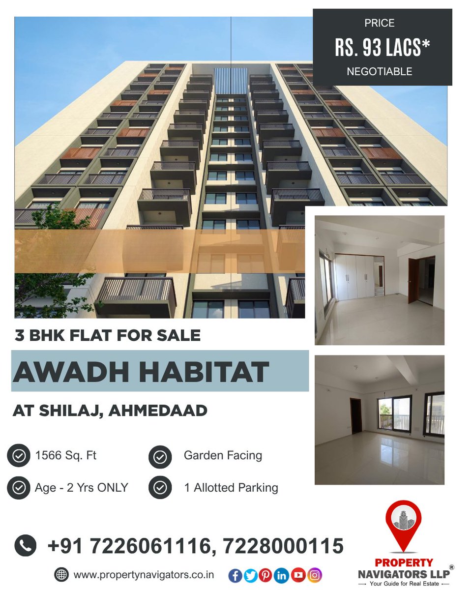 LlpProperty's tweet photo. 3 BHK Apartment available On Sale in AWADH HABITAT @ Shilaj Ahmedabad*

▪️ Size - *1566 Sq. Ft 
▪️ Converted into 2 BHK
▪️ Garden Facing
▪️ Age - 2 Yrs ONLY
▪️ Price - Rs. 93 Lacs Negotiable 
▪️ 1 Allotted Parking

Call @LlpProperty on +91 7226061116, 7228000115. https://t.co/tBMdKe40l5