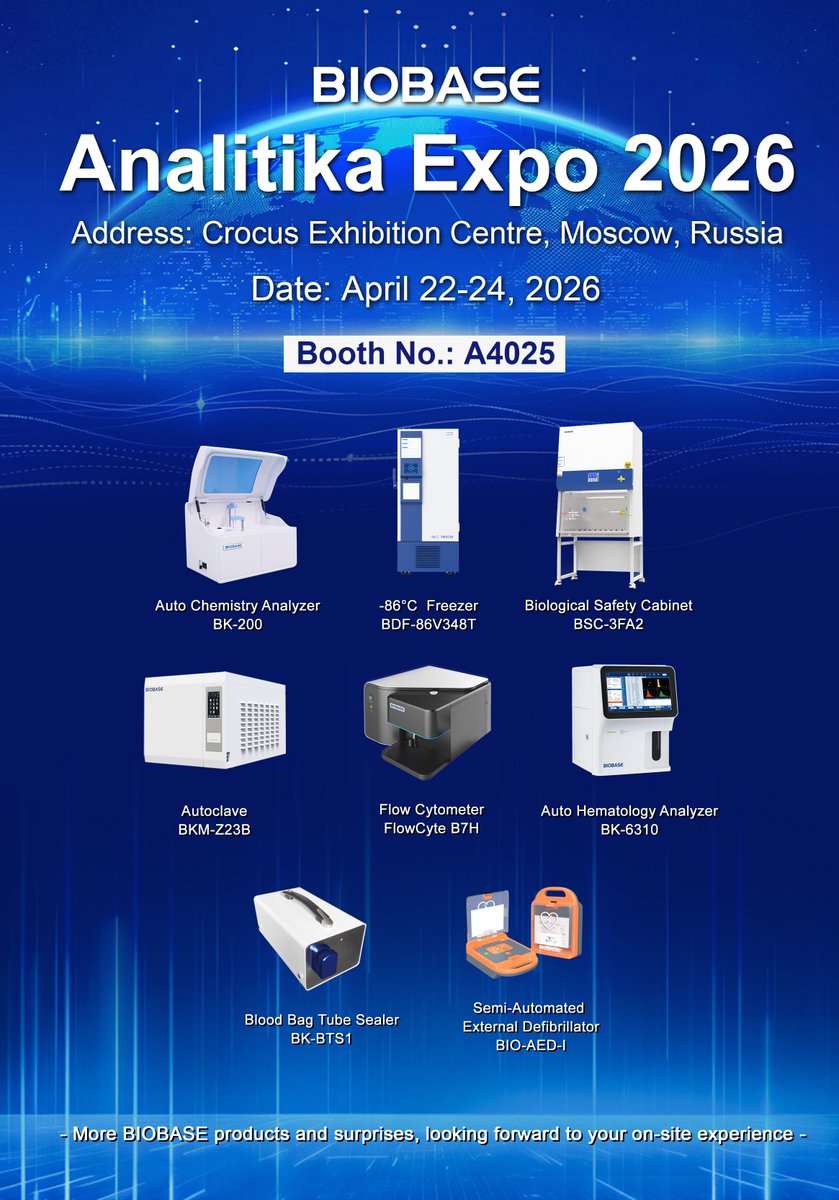 BIOBASE_CHINA's tweet image. Meet BIOBASE at Analitika Expo 2026, Moscow! 🇷🇺
See you in Moscow! 👋BIOBASE is exhibiting at Analitika Expo 2026
🗓 April 22–24📍 Crocus Expo | Booth A4025
Discover our latest lab solutions &amp;amp; connect with our team.Don’t miss out!
#BIOBASE #AnalitikaExpo2026 #Moscow #LabEquipment