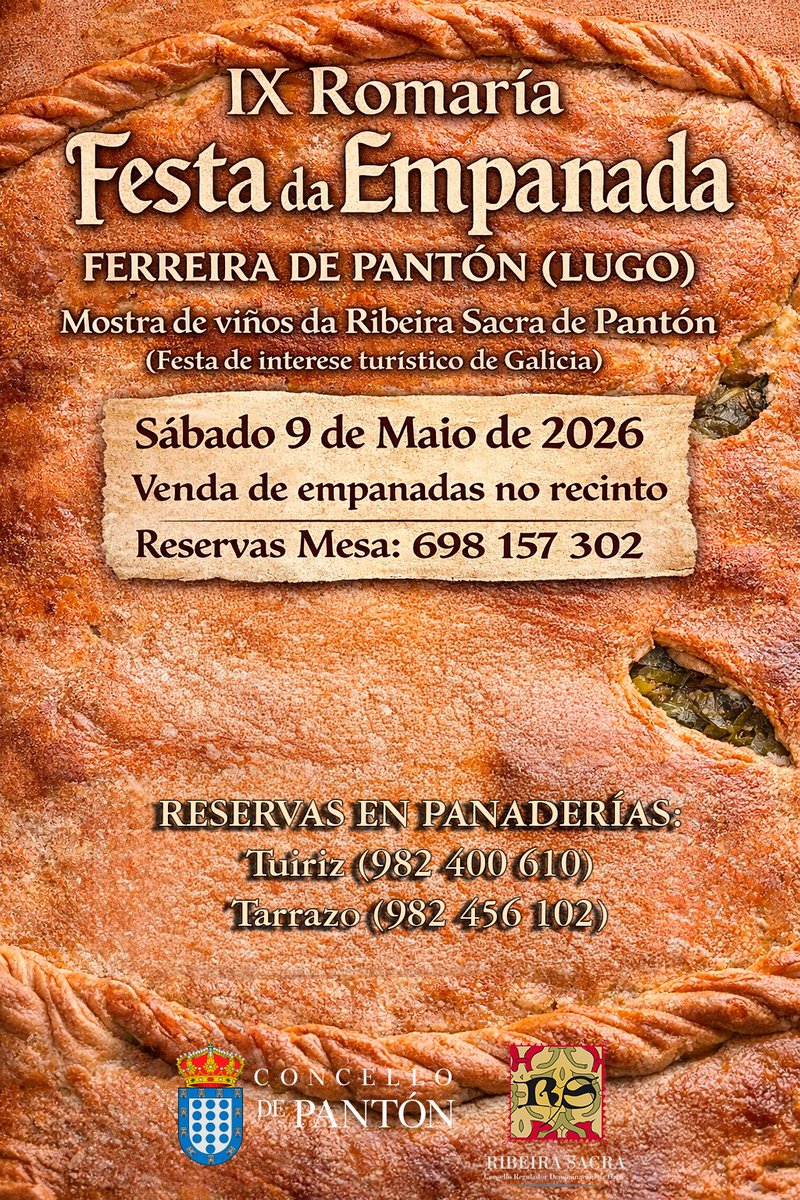concellopanton's tweet photo. 😍🍷Na segunda fin de semana de maio, Pantón celebra unha nova edición da #MostradeViños da #RibeiraSacra de Pantón. 
👌Á cita súmase un ano máis unha proposta gastronómica deliciosa, a novena Festa da Empanada.
#Pantón #ribeirasacra #ribeirasacradepantón #festadaempanada https://t.co/TICc6MNQu8