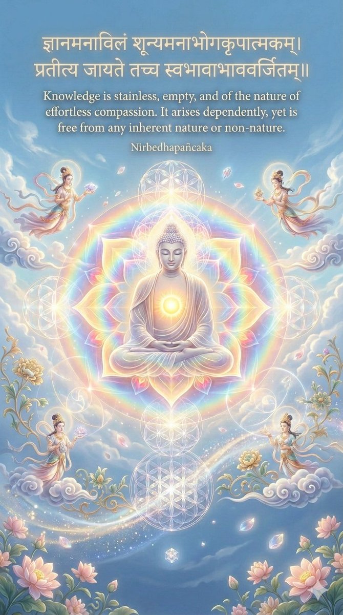 ज्ञानमनाविलं शून्यमनाभोगकृपात्मकम्।
प्रतीत्य जायते तच्च स्वभावाभाववर्जितम्॥
Knowledge is stainless, empty, and of the nature of effortless compassion.
It arises dependently, yet is free from any inherent nature or non-nature.

~ Nirbedhapañcaka