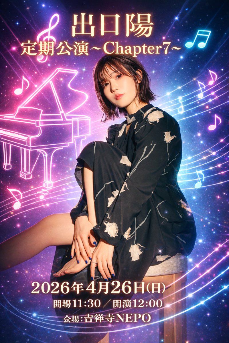 🎹出口陽定季公演〜 Chapter 7 〜🎹

📅 2026年4月26日（日）
🕦 開場 11:30 ／ 開演 12:00
📍 吉祥寺NEPO

🎫チケット
・一般：¥4,500（+1D）
・ご新規様＆1年以上来場のない方：¥1,000（+1D）

🎫 tiget.net/events/477953

初めての方でも楽しめるアットホームな
グリーティングライブです🎤🎶