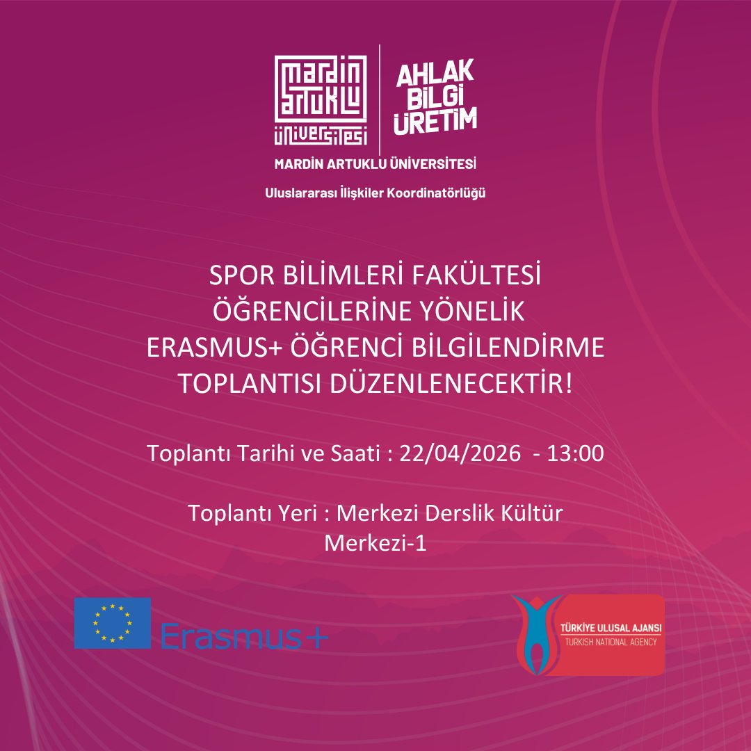 mauuikoord's tweet image. Spor Bilimleri Fakültesi öğrencilerine yönelik Erasmus+ Öğrenci Bilgilendirme Toplantısı düzenlenecektir!

Toplantı Tarihi ve Saati :
22/04/2026 - 13:00

Toplantı Yeri : Merkezi Derslik Kültür Merkezi-1

@artuklumuhmimf @ibrahimozcosar
@ArtukluDevlet #ErasmusPlus