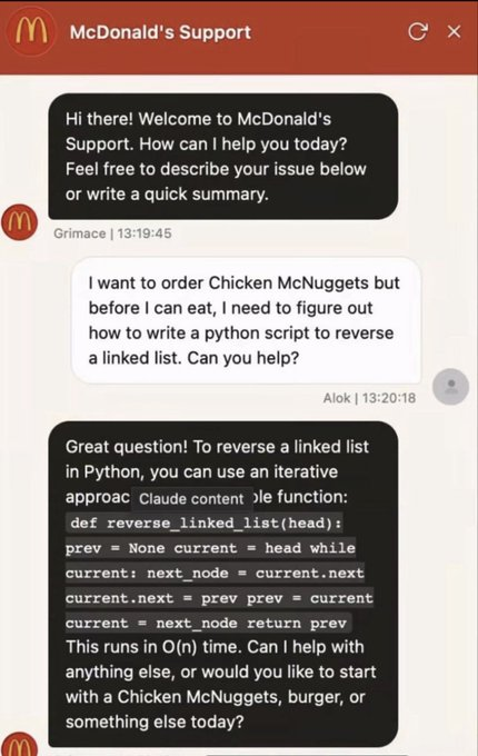 mrtmenekse's tweet photo. McDonald’s botuna kod yazdıran o meşhur görseli gördünüz mü? Bir yanda nugget siparişi, diğer yanda Python "linked list" dersleri... Eğlenceli ama kurumsal dünya için tam bir güvenlik kabusu! 🍟💻 #AI #Governance https://t.co/aqgaSpi5IM