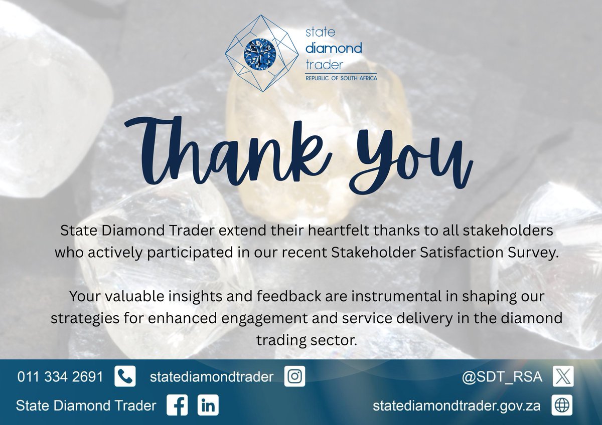 State Diamond Trader extends its heartfelt thanks to all stakeholders who actively participated in our recent Stakeholder Satisfaction Survey. 

Your valuable insights and feedback are instrumental in shaping our strategies.