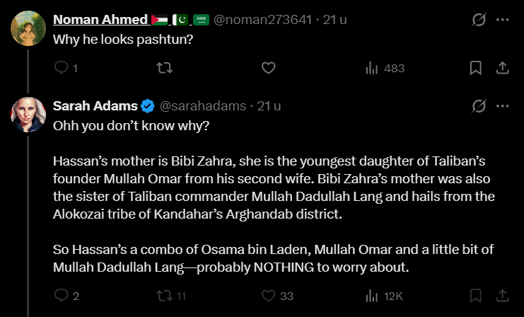 RoyGrinwis's tweet photo. Sarah Adams (@sarahadams) throwing around “insider” claims again, but the basics don’t even hold up.
Let’s start with Mullah Dadullah:
Senior #Taliban field commander, active in the south, killed in #Helmand in 2007.
Widely identified as #Kakar (#Ghilzai).
Not #Alokozai.
That’s not a detail, that’s a fundamental mistake.
Then the “family tree”:
No verified “Hassan bin Laden” in any credible reporting
No confirmed daughter of Mullah Omar named “Bibi Zahra”
No evidence for any of these connections
And the biggest tell:
The claim that Mullah Omar would marry off a daughter to an Arab outsider from Al-Qaeda.
That goes directly against how Taliban power structures work:
Rooted in #Pashtun tribal networks
Marriages used to secure internal tribal alliances
Not to integrate foreign jihadist families into the core
Al-Qaeda were guests. Not family.
If you understand southern #Afghanistan (#Kandahar, #Uruzgan, #Helmand) you don’t make these mistakes.