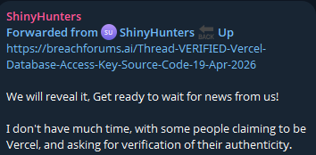 DiffeKey's tweet photo. It’s now Monday, a new day since the Vercel compromise. ShinyHunters has responded, calling Smelly / vx-underground’s claims “nonsense.” They also say they’re ready to leak the Vercel db + source. How will this play out?
#vercel #vxunderground #cybernews #cybersec #news https://t.co/sbZv0JPsRR