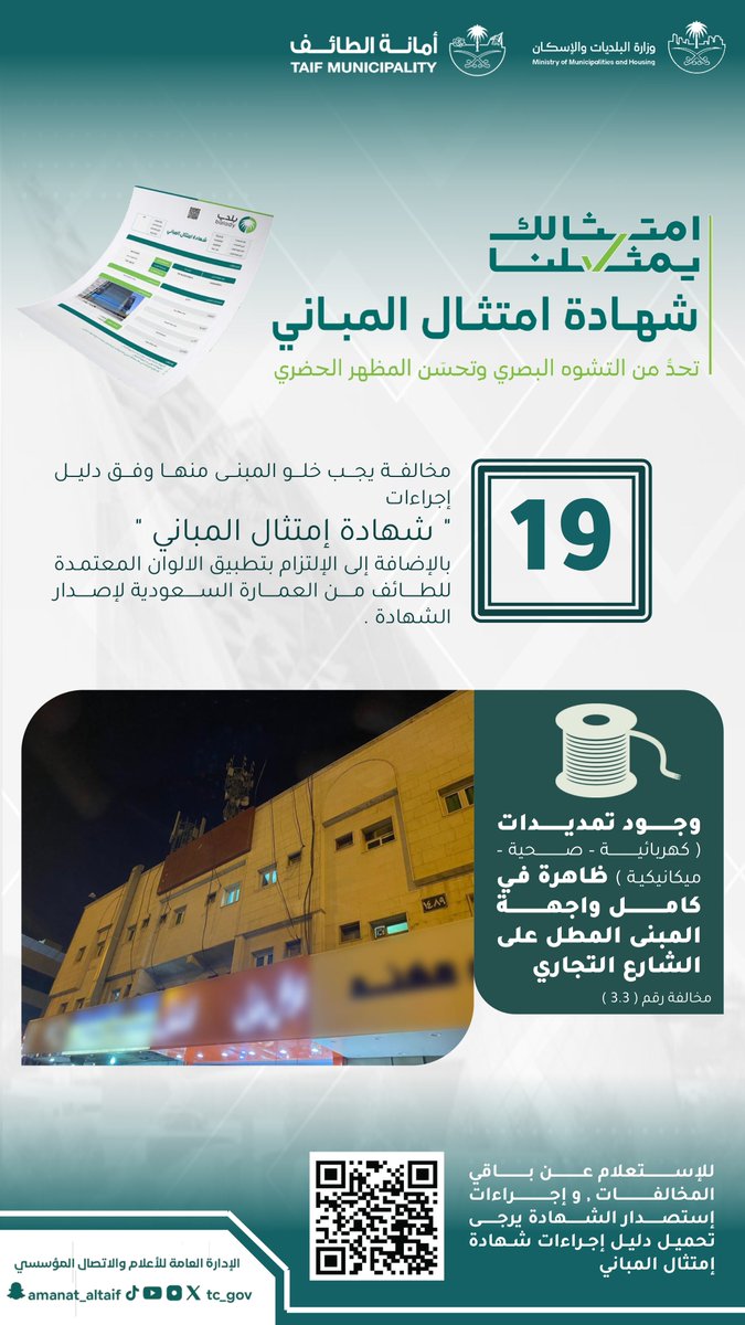 #أمانة_الطائف | امتثال المباني💫 

▫️مخالفات يجب معالجتها
👎وجود تمديدات ظاهرة في كامل واجهة المبنى المطل على الشارع التجاري
 #امتثالك_يمثلنا
