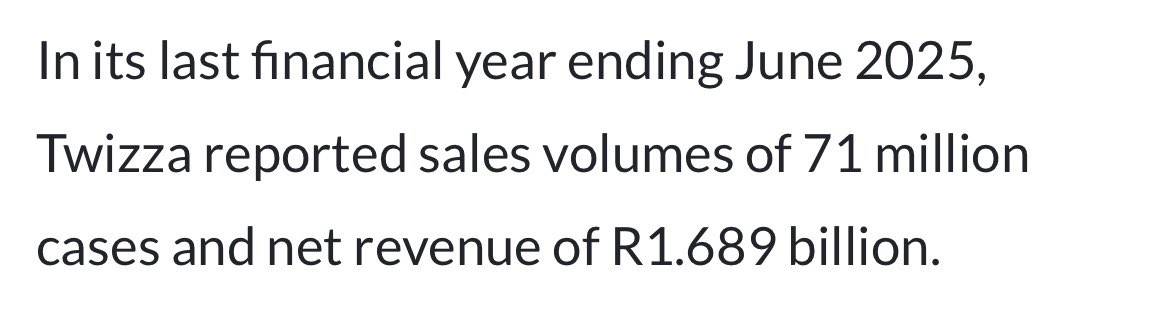 samazz55's tweet photo. @busiwe_bubu Twizza @ +70 million cases, and R1.6B in revenue was bought for R2.1B (source - - - > https://t.co/tNXCTGaKfv) 

I’ll leave this here. https://t.co/A7Vg7YOUgj