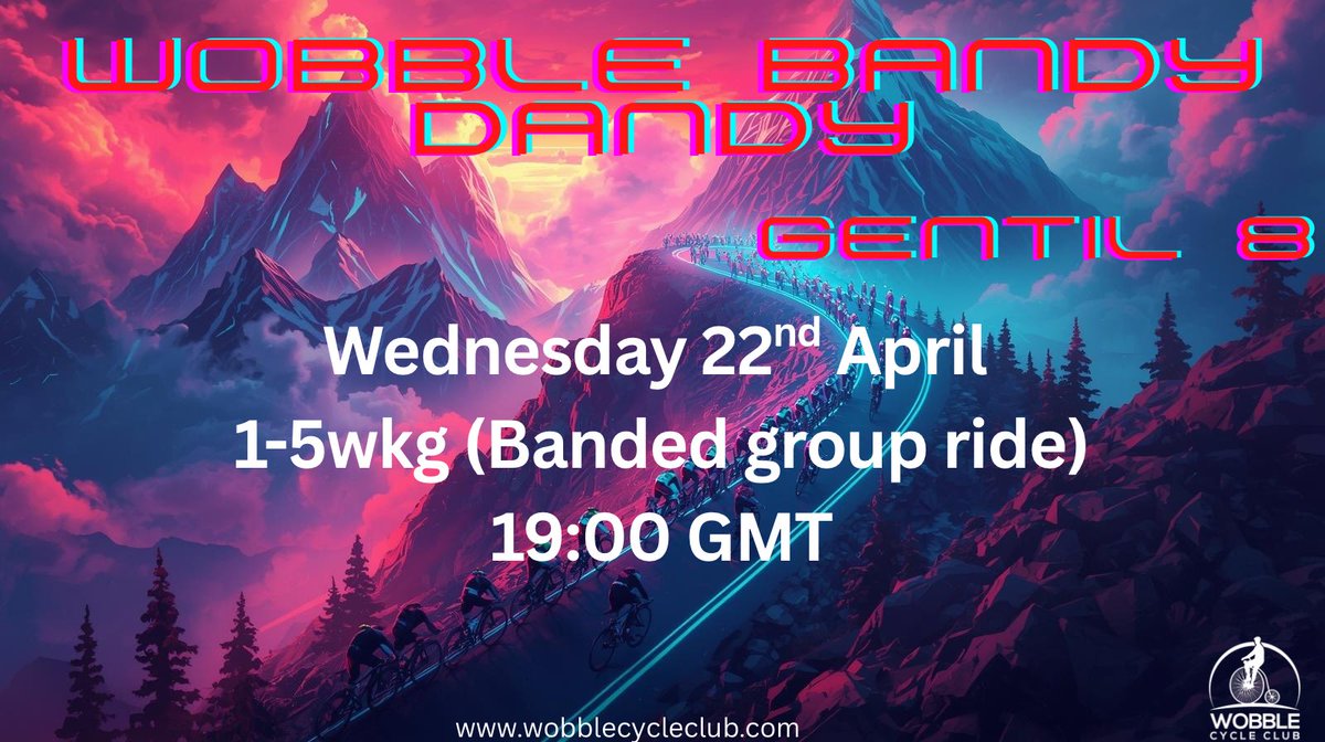 CycleWcc's tweet image. Wobble Bandy Dandy is back 🚴‍♂️🔥

📅 Wednesday 22nd April
⏰ 19:00 GMT
📊 1–5 WKG (Banded group ride)

Gentle 8, big vibes, and a proper social spin!

#WobbleCycleClub #ZwiftRide #GroupRide #CyclingCommunity #RideOn

zwift.com/events/view/55…