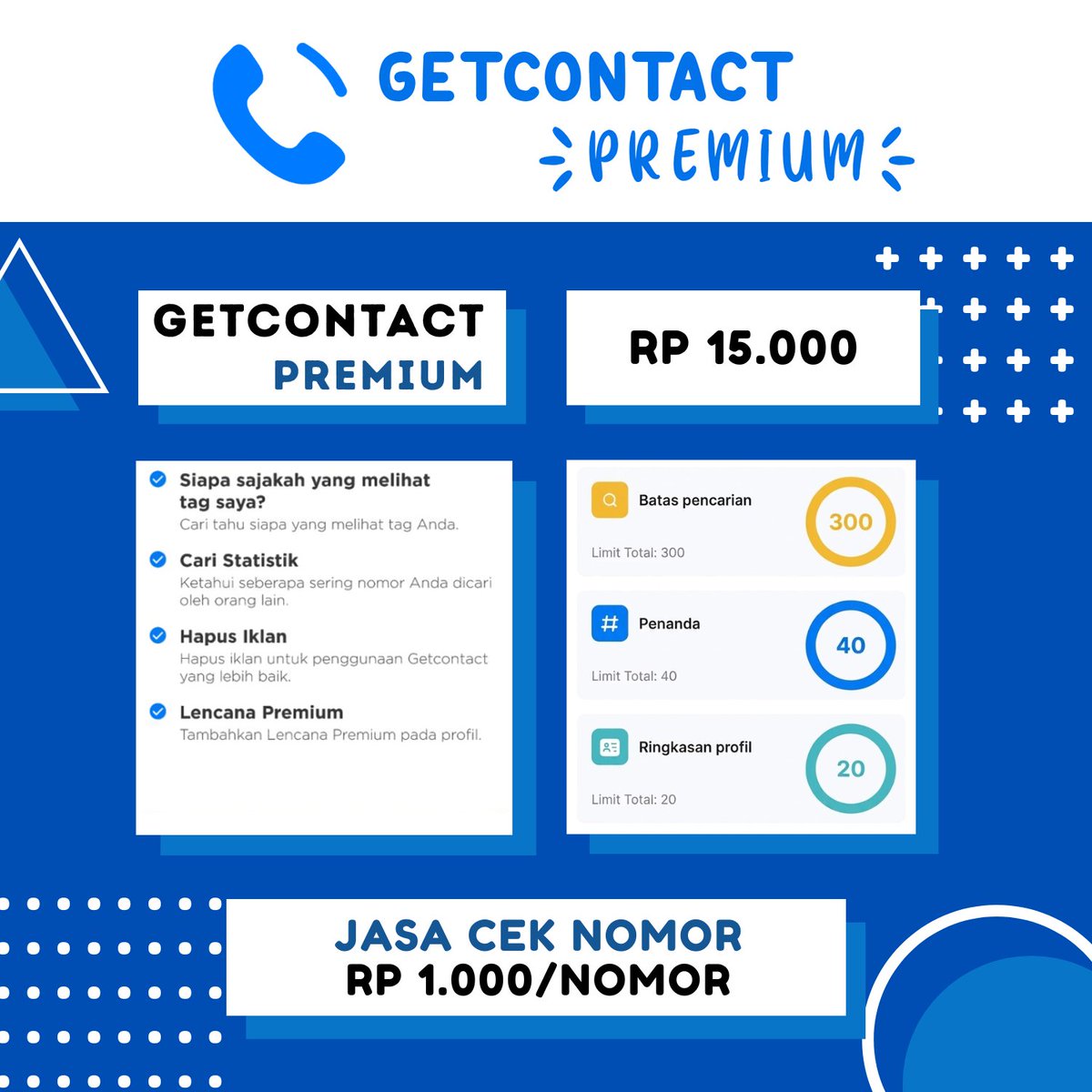 Halo kakk, ready get contact premium 1 bulan 15k dan jasa cek nomor 1k/nomor, yuk boleh langsung dm ke sini aja 🤗
wa.me/6282226344852