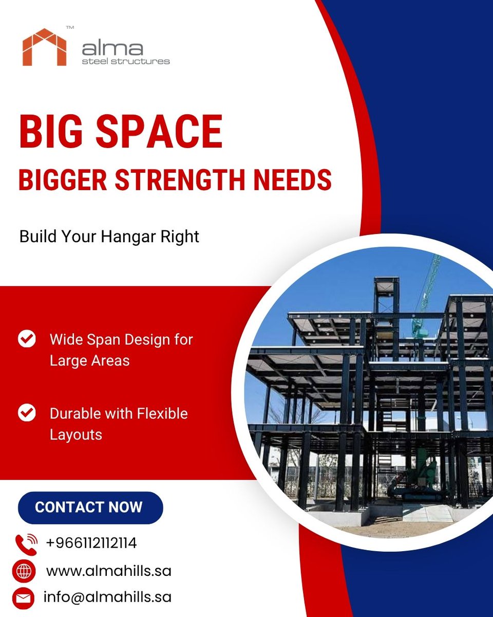 Alma__Steel's tweet image. Building a large space? Make sure your structure has the strength to match!

ALMA Steel Structures offers wide space design
👉 Visit: almahills.sa

#SteelStructures #WideSpanDesign #DurableLayouts #HangarConstruction #BuildingStrength