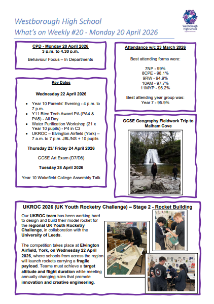 WestboroughHigh's tweet image. What's on weekly #20 Please see attached for weekly events and important dates coming up. #Newsletter #Praise #feedback