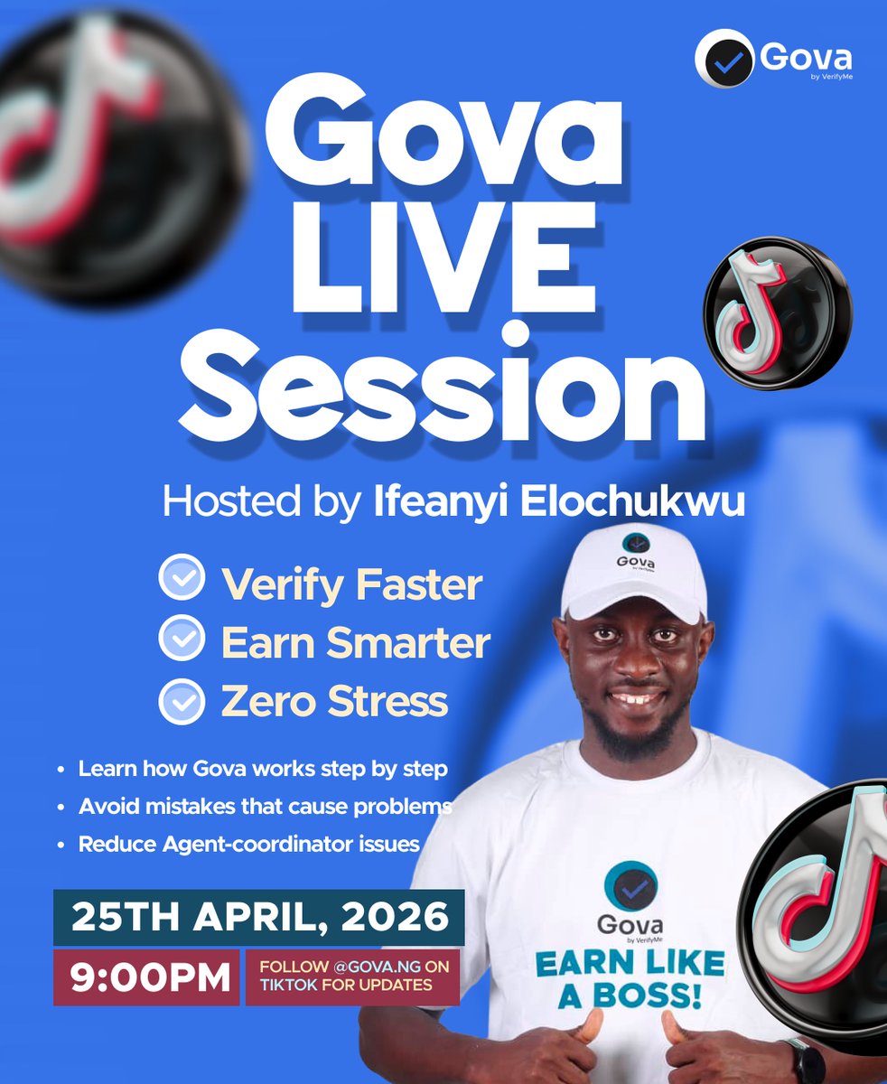 GovaNigeria's tweet photo. If you’re serious about making more on Gova…
You need to be here.
We’re breaking down how to:
- Work smarter
- Earn more
- Eliminate stress
📅 25th April
⏰ 9PM
#EarnSmart #Gova #earn #beyourownboss #govalive https://t.co/oXfpA4hv51