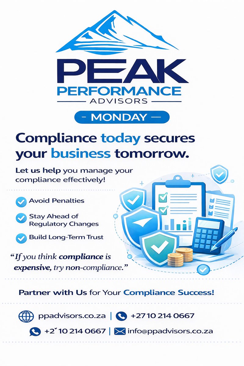 peakp_advisors's tweet image. If you think compliance is expensive, try non-compliance.

#ComplianceManagement #BusinessCompliance #SARS #CIPC #AccountingServices #BusinessGrowth #FinancialManagement #TaxCompliance #Entrepreneurship #SMEAccounting #BusinessAdvisory #StayCompliant #AvoidPenalties