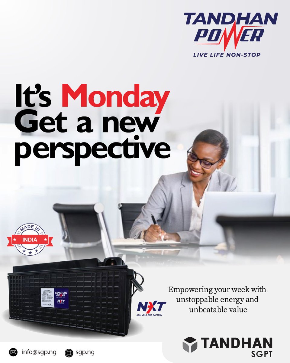 Tandhansgpt's tweet image. New week, new goals, same reliable power. Start your Monday with the TANDHAN POWER be the backbone of your productivity. ⚡️

📞 Call: +234 907 5732 931
📧 Email: info@sgp.ng

#BusinessProductivity #OfficeEssentials #NigeriaTech #PowerUpNigeria #NXTsmfBattery