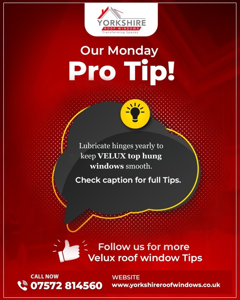 Yroofwindows's tweet photo. Pro Tip: Lubricate hinges annually and inspect seals regularly to keep VELUX #tophungroofwindows operating smoothly. Clean glass and frames to prevent buildup, ensuring better performance, improved insulation &amp; longer lifespan.

Visit: https://t.co/U56r48kKOS

#tips #protip https://t.co/KCSemAmlOM